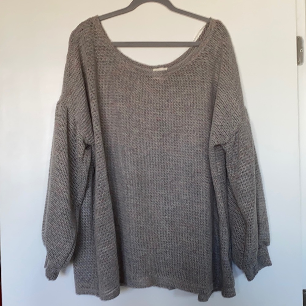Grey Knit Off the Shoulder Ballon Sleeve Sweater